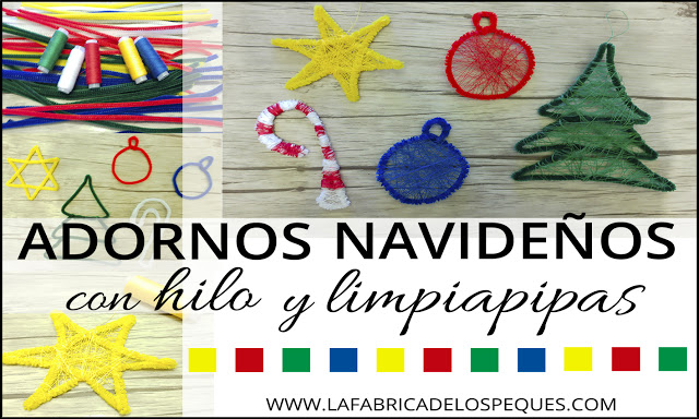 Adornos navideños con hilo y limpiapipas.