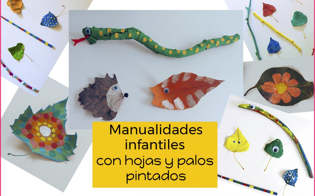 Manualidades infantiles con hojas y palos pintados.